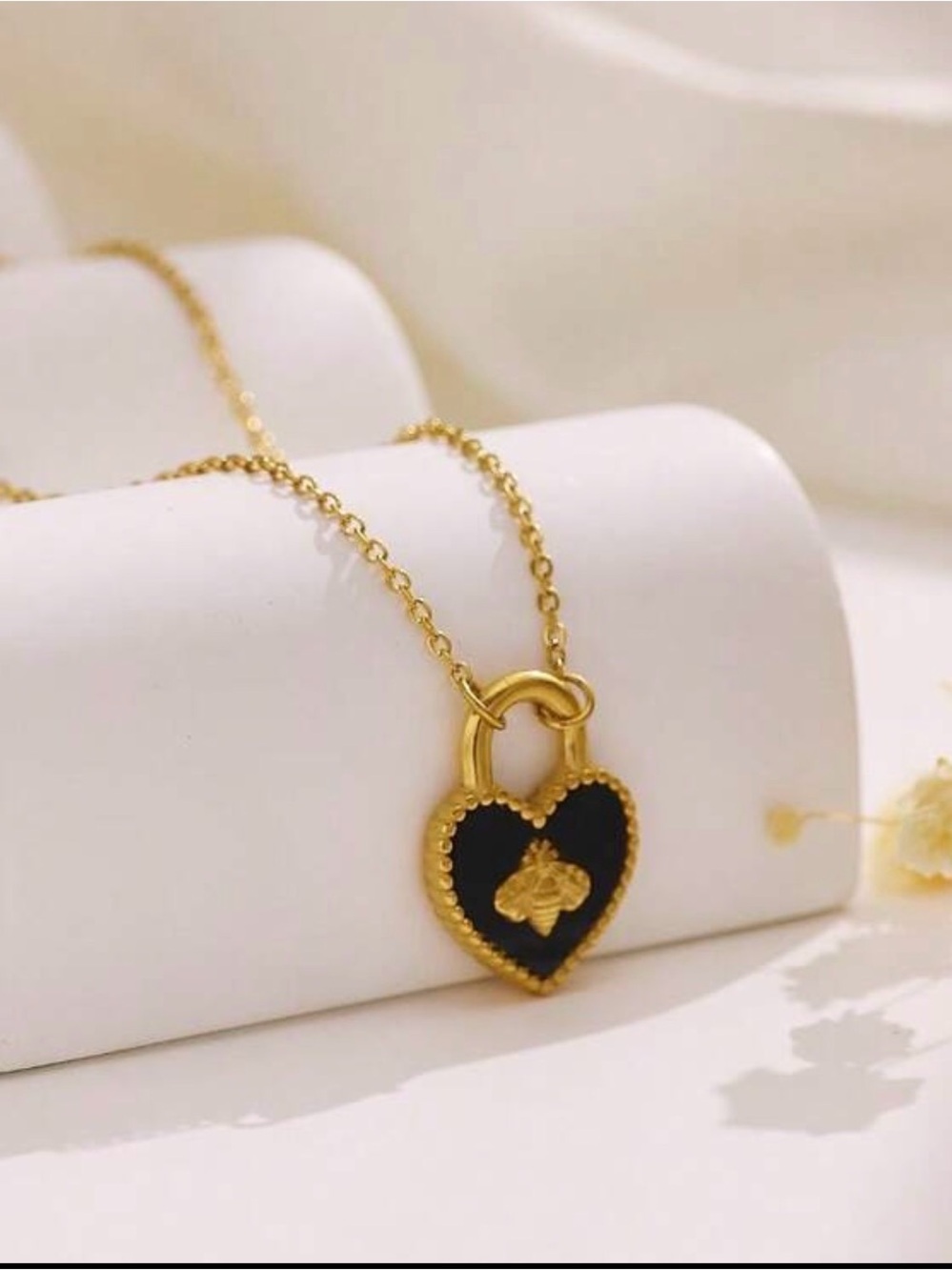 Gold Heart Padlock Necklace with Black Enamel Accent